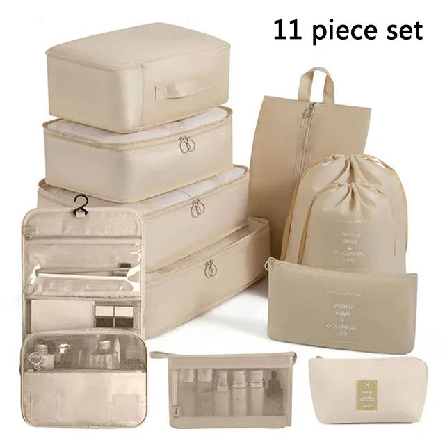 Set of beige travel packing cubes and bags with labels on a white background