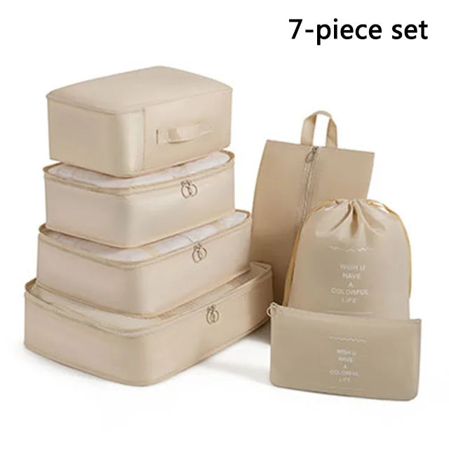 Set of beige packing cubes and bags with text on a white background