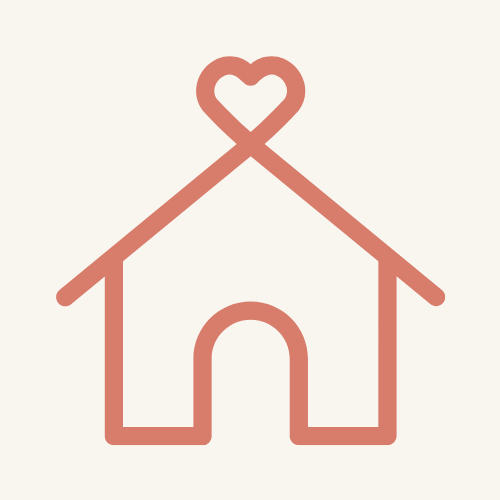 Icon of a house with a heart on top against a light pink background