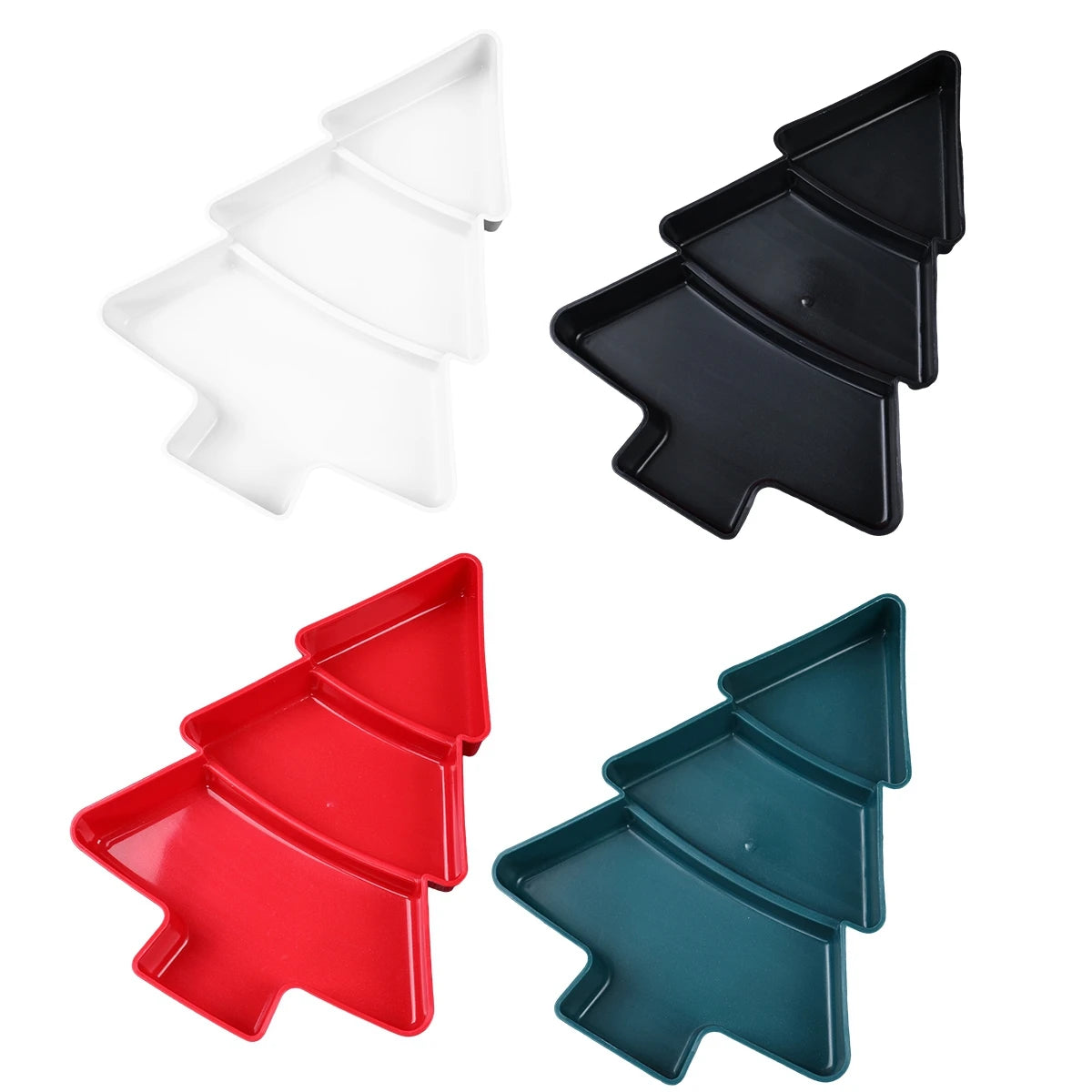 Set of four Christmas tree-shaped trays in white, black, red, and blue on a white background.