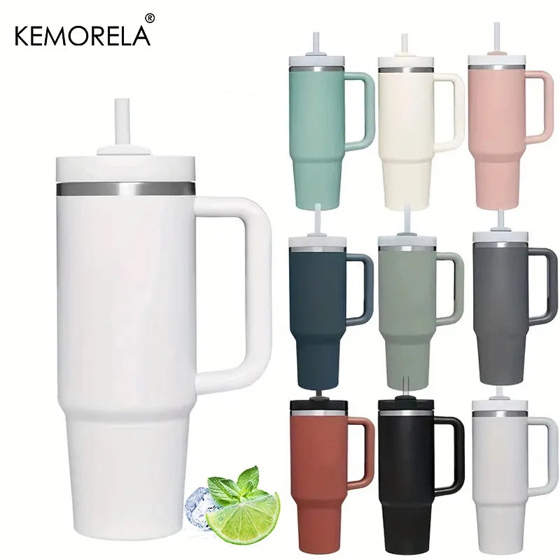 Collection of insulated travel mugs in various colors with straws, featuring the KEMORELA brand.